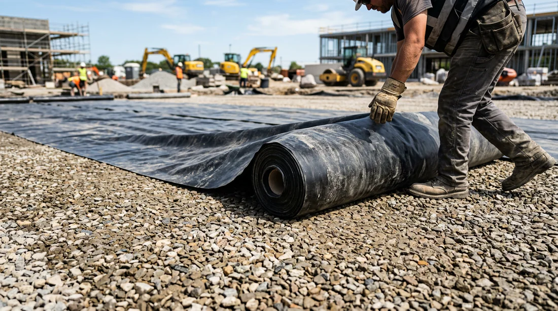 Installation de la membrane polyane sur le hérisson de gravier