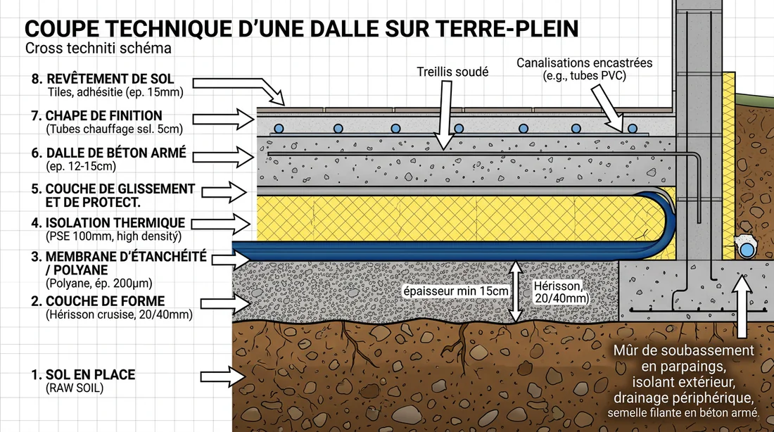 Schéma en coupe des différentes couches sous une dalle béton avec hérisson