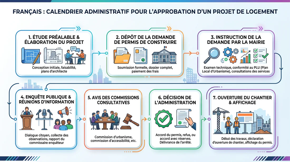 Schéma infographique décrivant les étapes d'examen d'un projet d'urbanisme