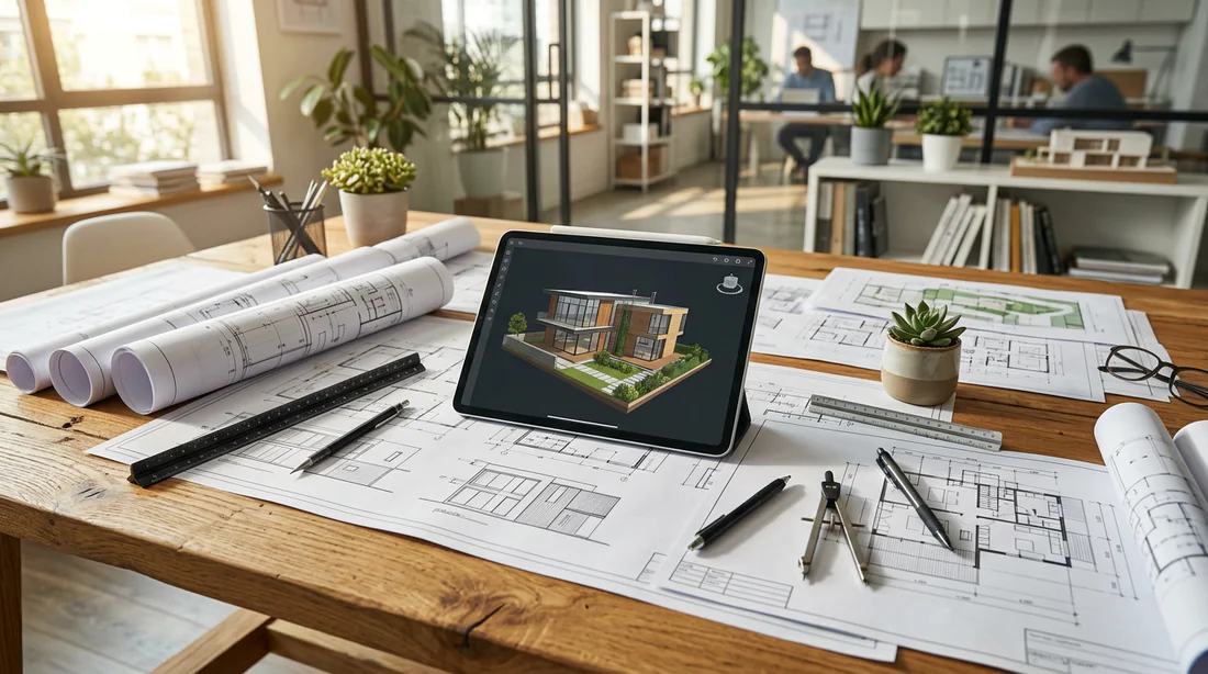 Documents de permis de construire et plans d'architecte étalés sur une table