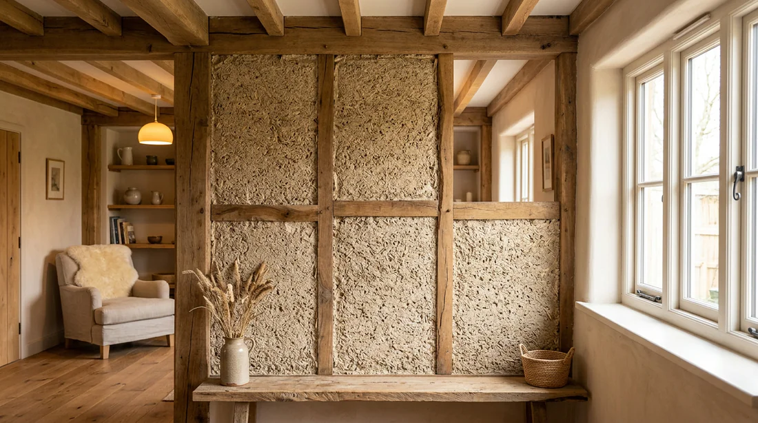 Mur intérieur isolé avec un mélange écologique de chaux et de copeaux de bois.