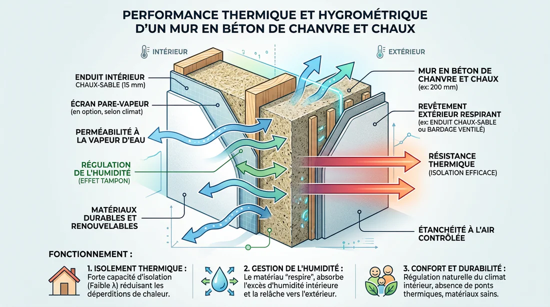 Schéma de la régulation thermique et hygrothermique d'un mur en béton de bois et chaux.