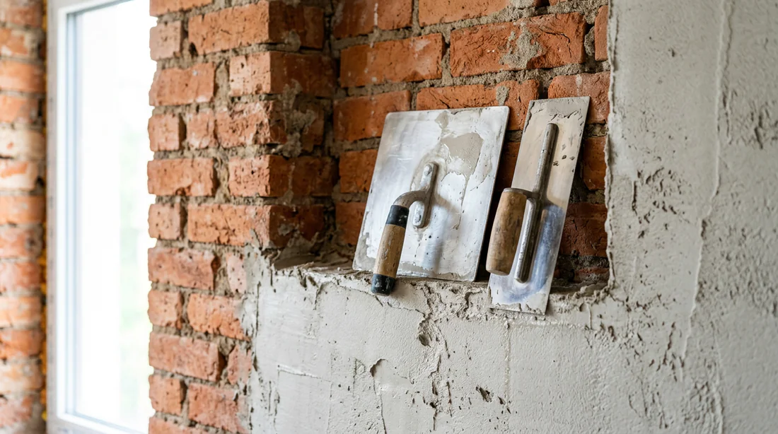Outils de plâtrerie posés à côté d'un mur en briques en cours de finition