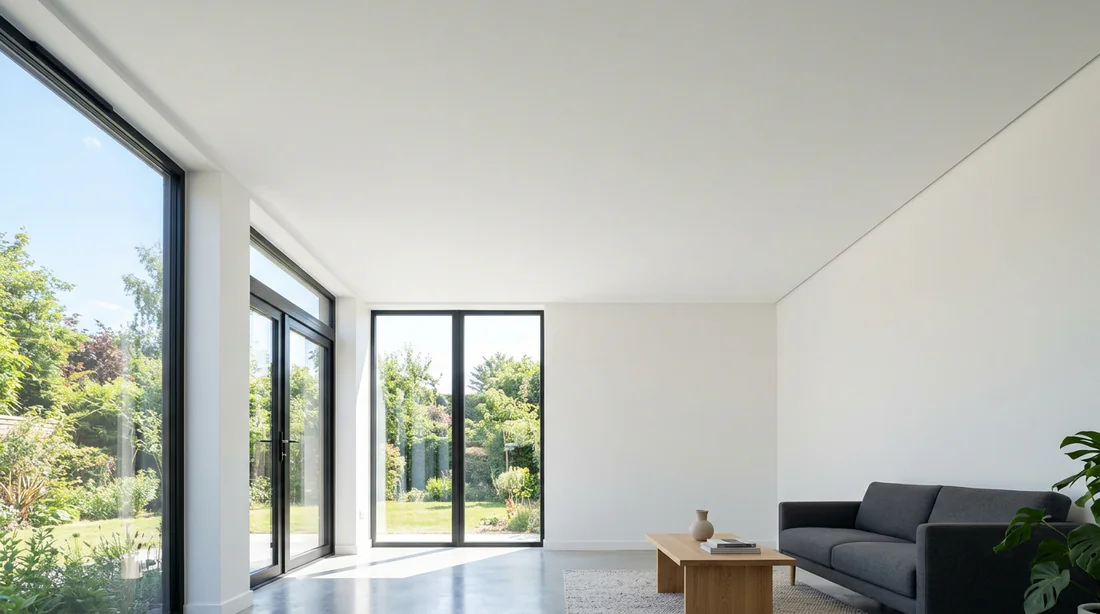 Finition parfaite d'un plafond plâtré et peint dans une maison moderne
