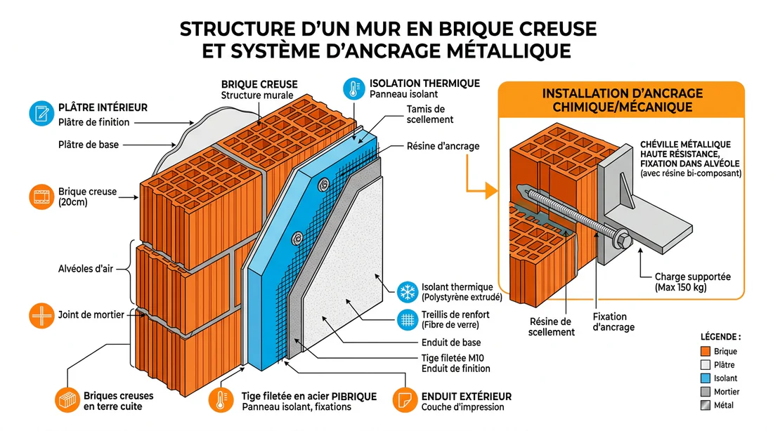 Schéma technique d'ancrage et de couche de plâtre sur brique alvéolaire