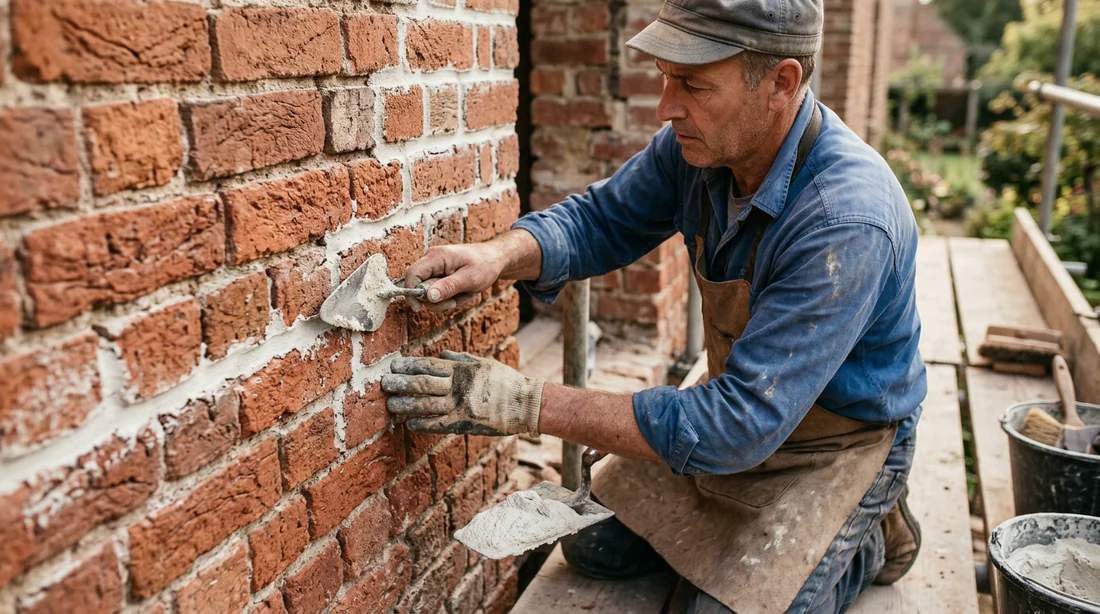 Artisan appliquant un joint de chaux fraîche sur un mur en briques rouges sablées