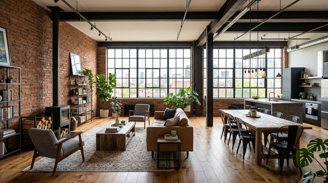 Intérieur de loft industriel combinant mur en brique, métal noir et sol en bois