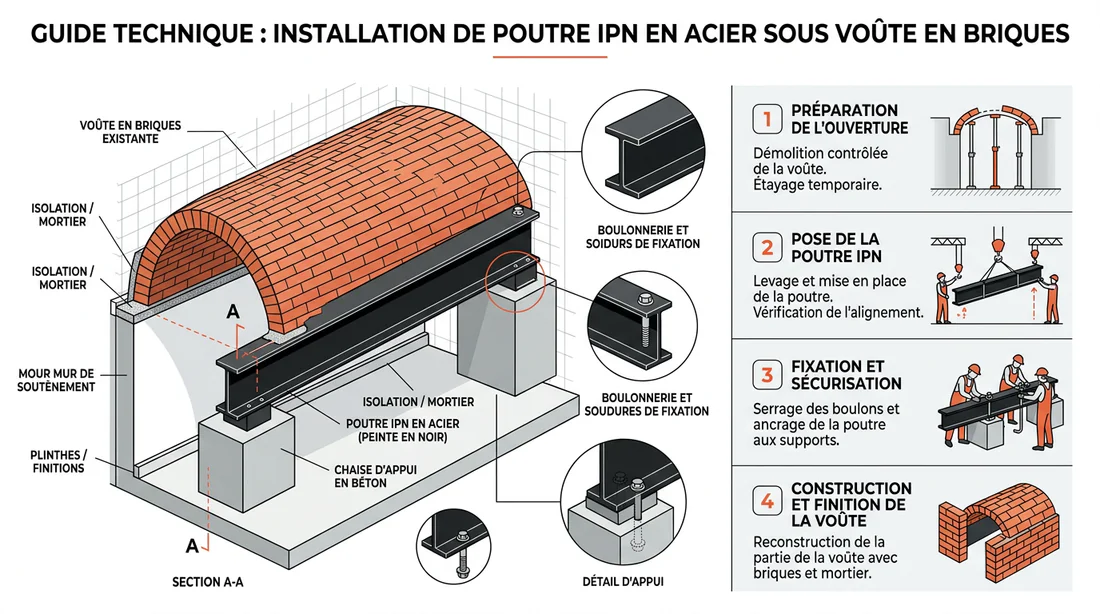 Schéma technique montrant la pose d'une poutre IPN sous une voûte en briques