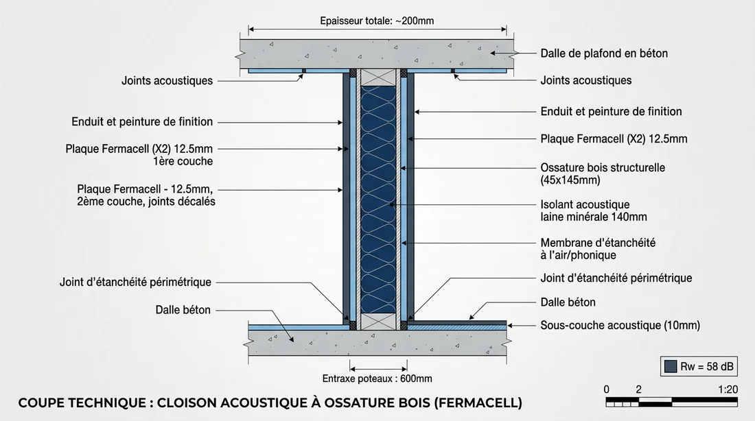Schéma en coupe d'une cloison d'isolation acoustique avec plaques de Fermacell