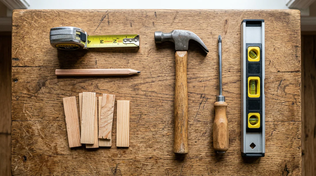 Outillage complet pour la pose d'un bloc-porte rangé sur une table de travail.
