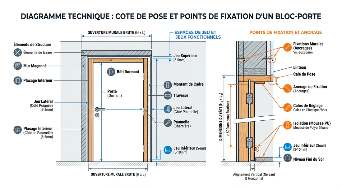 Schéma technique explicatif des mesures et des points de fixation d'un bloc-porte.