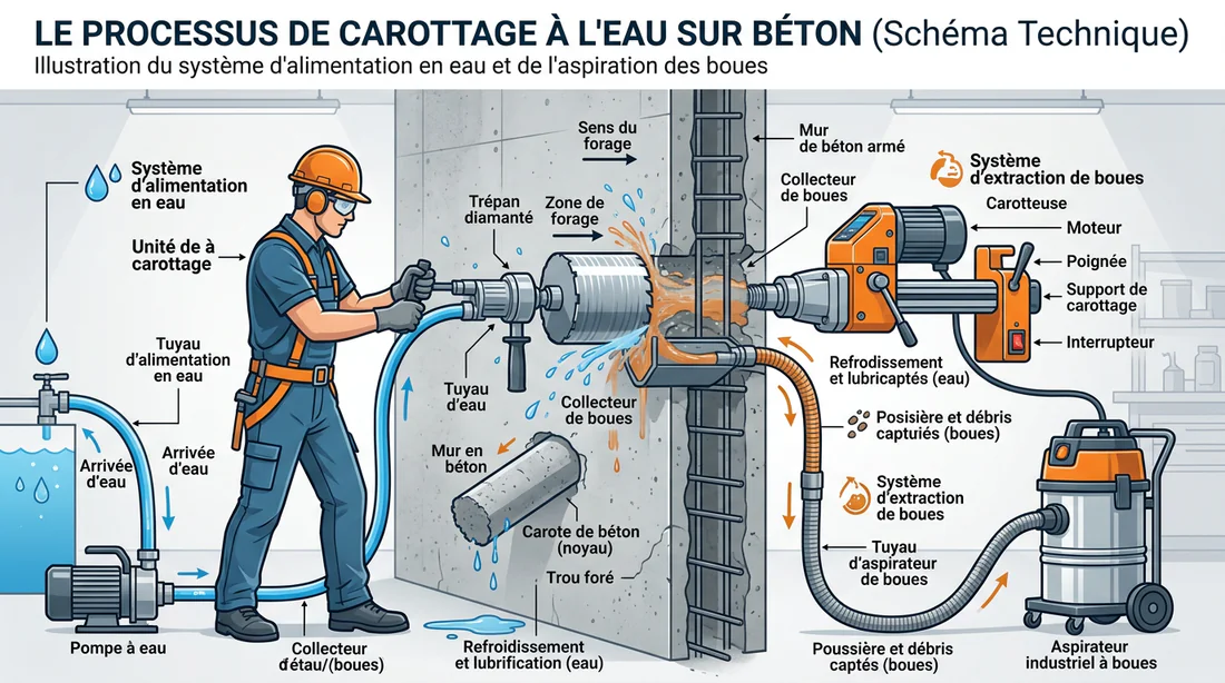 Schéma d'un système de carottage à l'eau avec collecteur de fluides