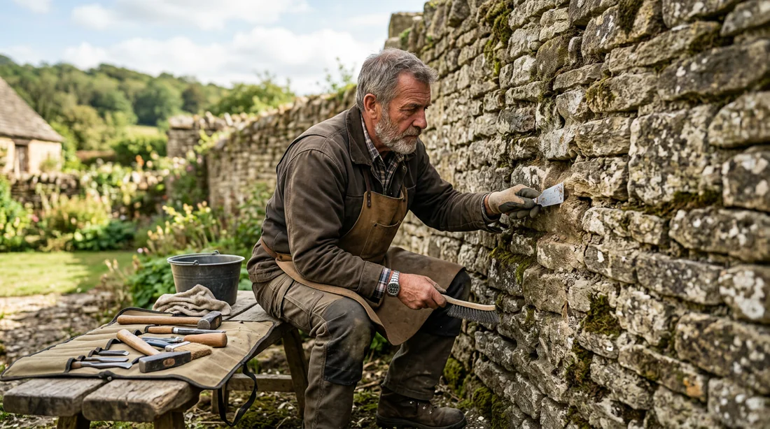 Artisan inspectant et nettoyant un mur en pierres anciennes avant travaux