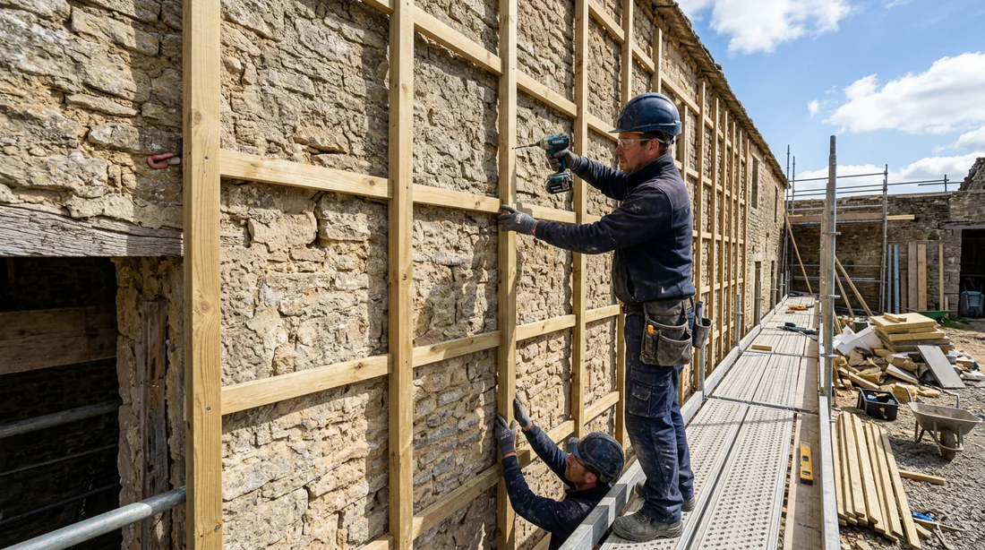 Ossature en bois fixée sur un mur en pierre pour la pose d'un bardage