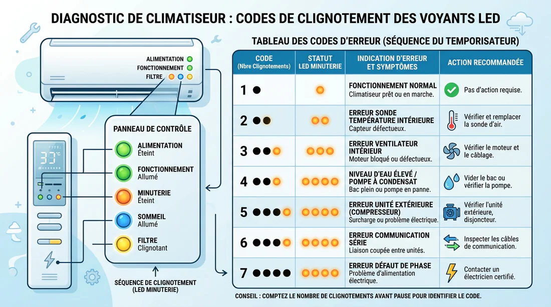 Infographie expliquant la signification des clignotements du voyant timer