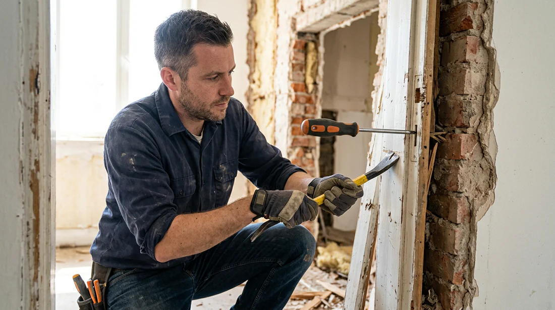 Démontage de l'encadrement en bois d'une porte avant condamnation