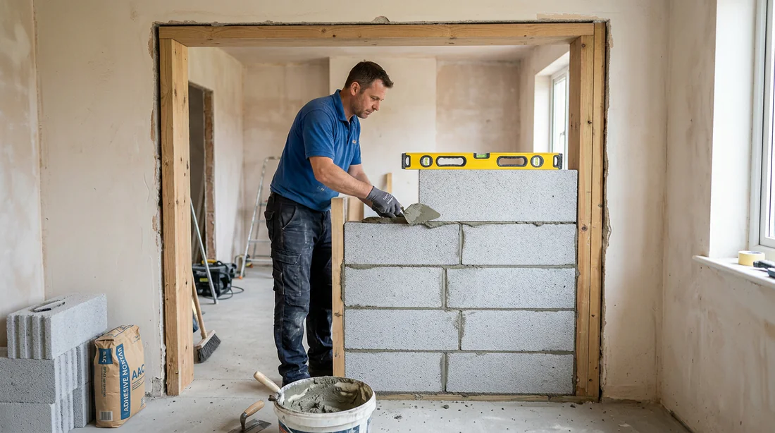 Montage d'un mur en béton cellulaire pour condamner une porte
