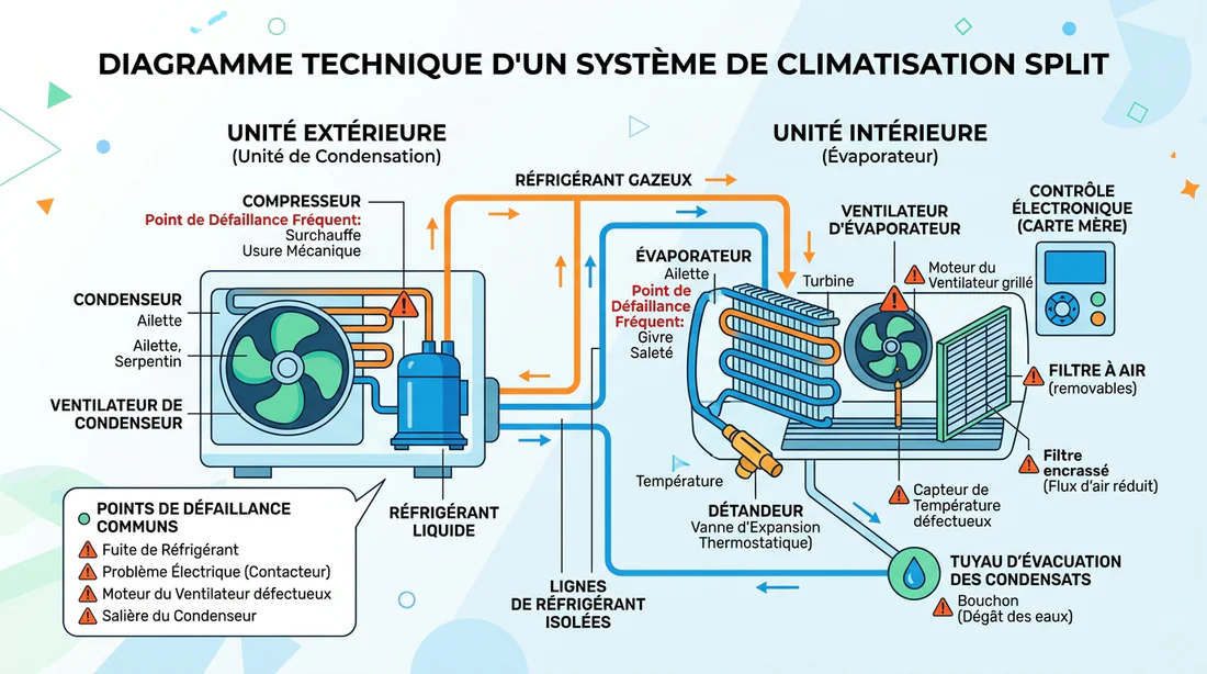 Schéma explicatif des composants d'une climatisation et des points de panne