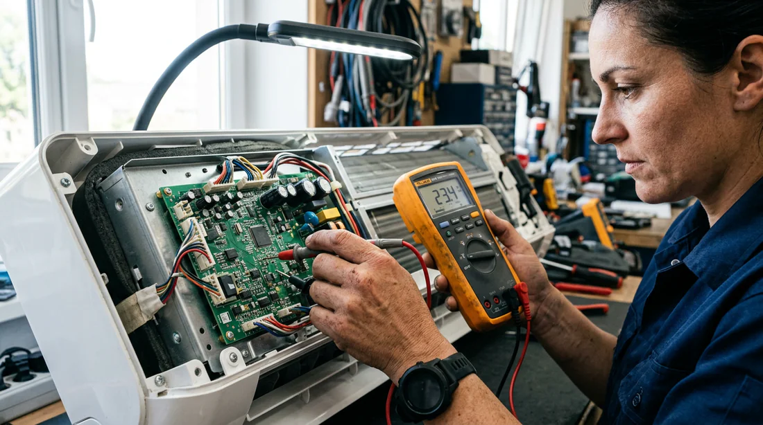Technicien contrôlant les composants électriques d'une climatisation
