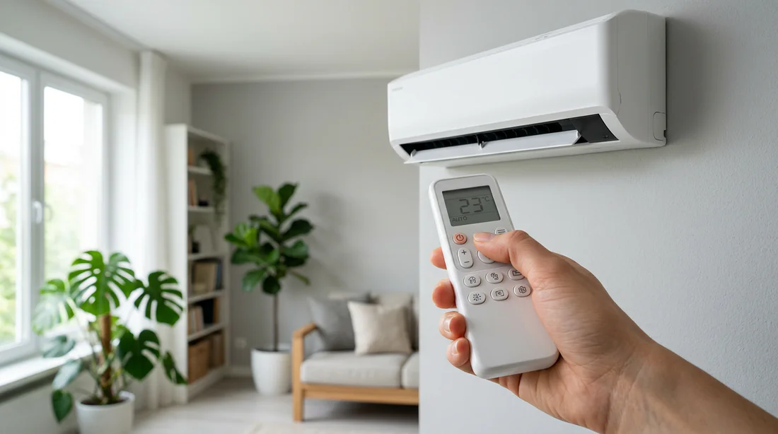 Main tenant une télécommande de climatiseur pointée vers l'appareil mural