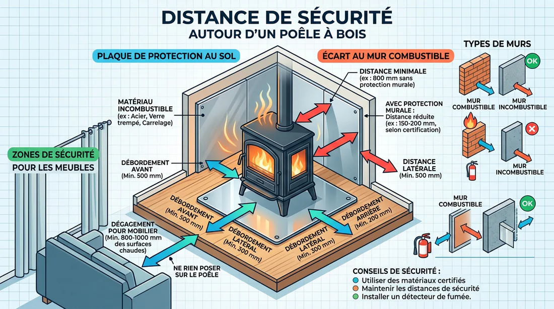 Schéma des distances de sécurité et dimensions d une plaque de sol pour poêle