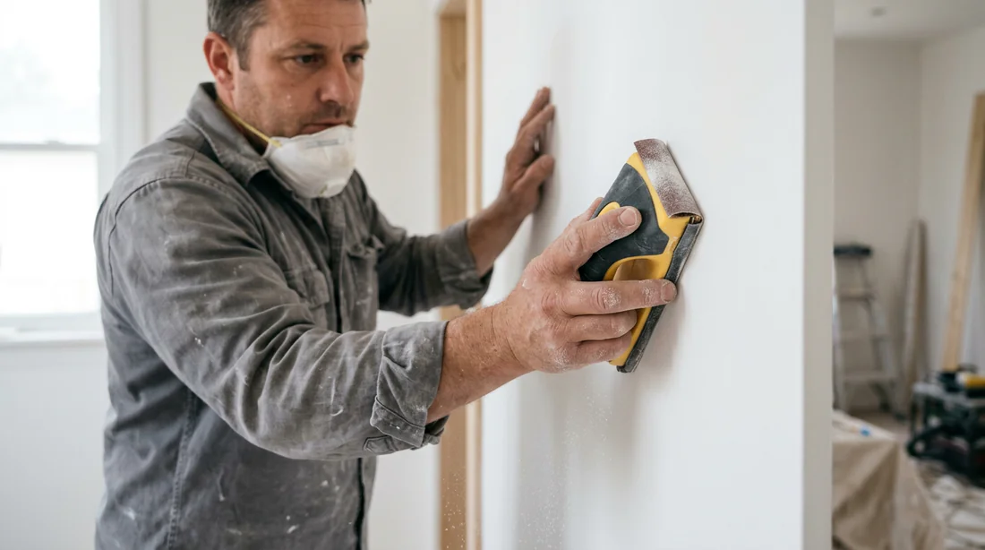 Ponçage de finition d'un enduit de lissage sur mur blanc.