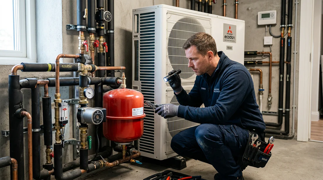 Technicien effectuant le contrôle de la pression d une pompe à chaleur Airmat