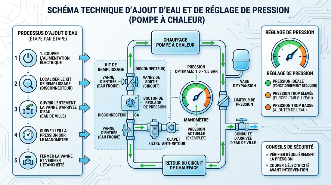 Schéma de procédure de remise en eau et de remplissage d une pompe à chaleur