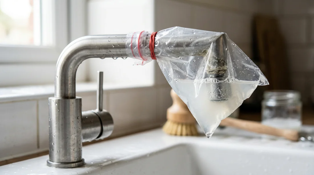 Astuce pour détartrer un robinet d'évier avec un sachet de vinaigre d'alcool