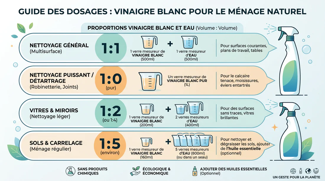 Infographie résumant les proportions et dosages du vinaigre d'alcool pour le ménage