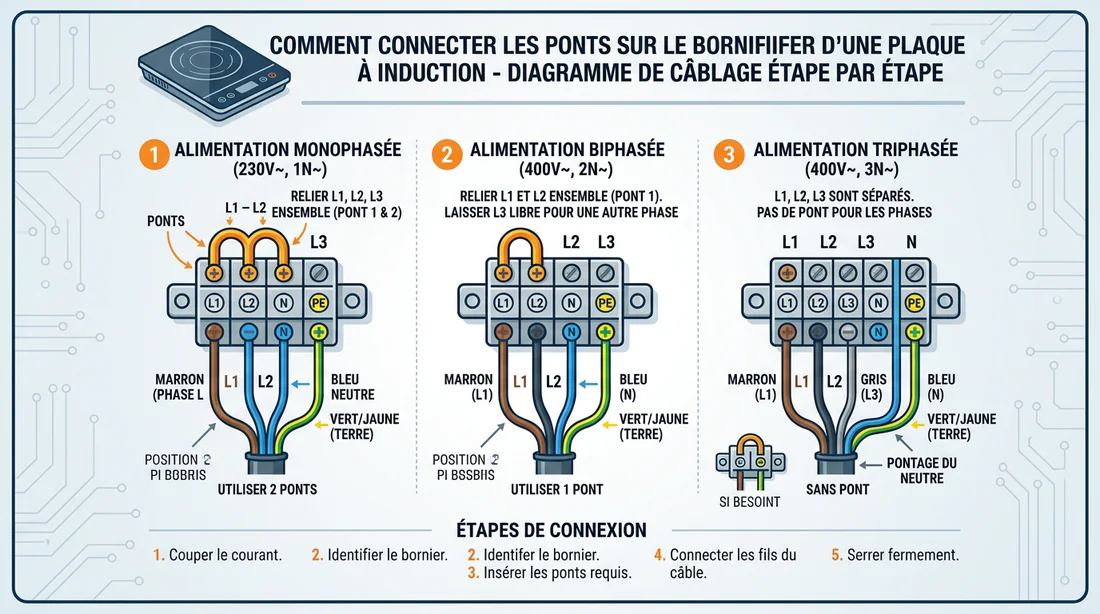 Schéma explicatif du pontage des bornes sur le bornier de la plaque à induction