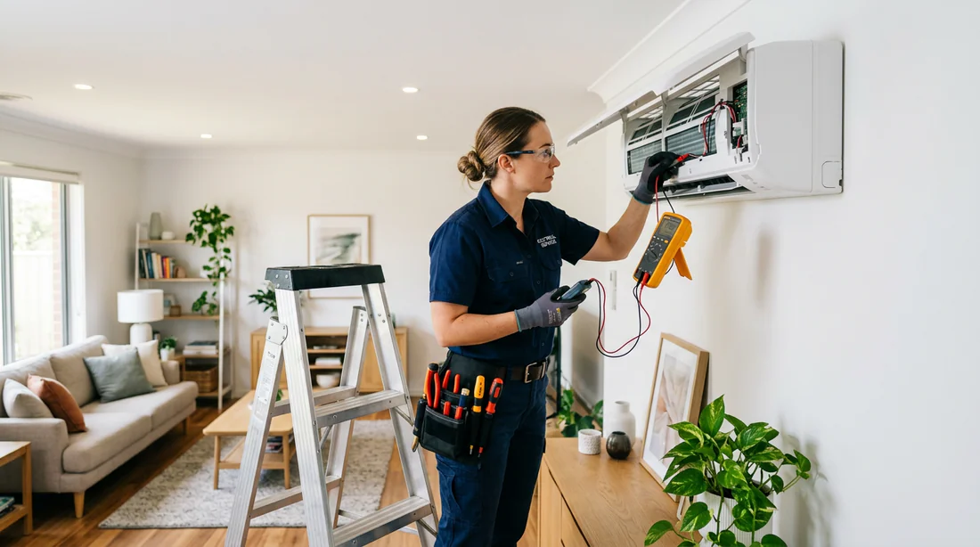Electricien professionnel contrôlant une unité de climatisation murale