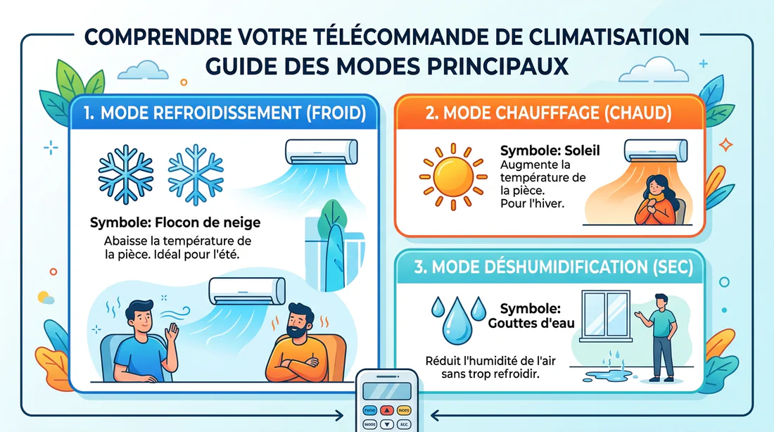 Infographie explicative des symboles et modes d'une télécommande de clim Atlantic