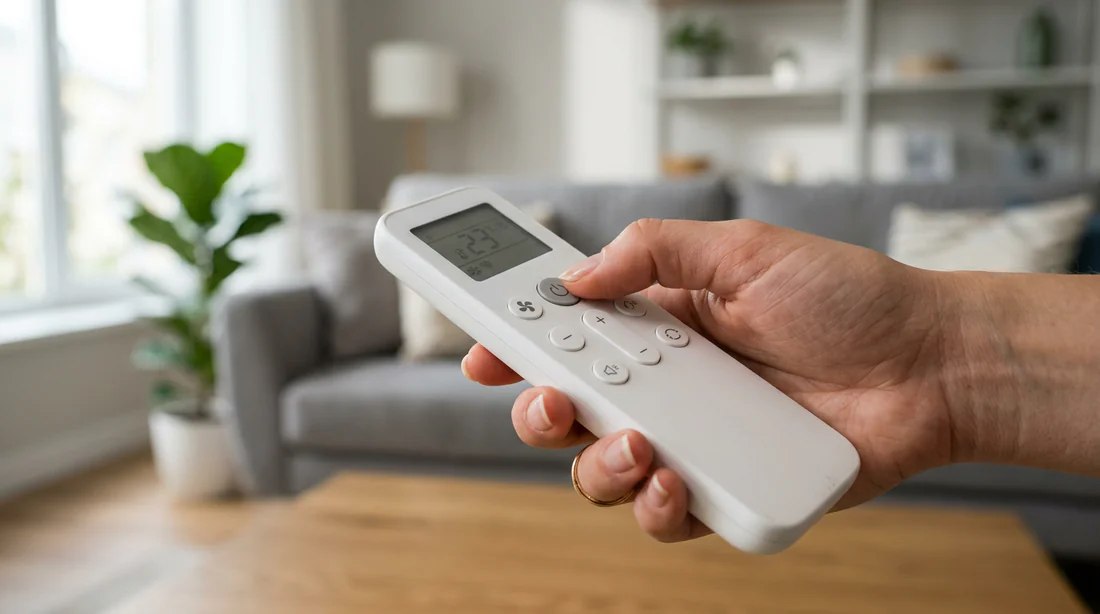 Main appuyant sur le bouton d'une télécommande de climatiseur Hitachi