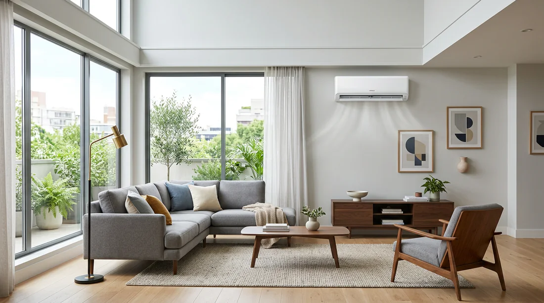 Unité intérieure de climatisation Hitachi dans un salon moderne