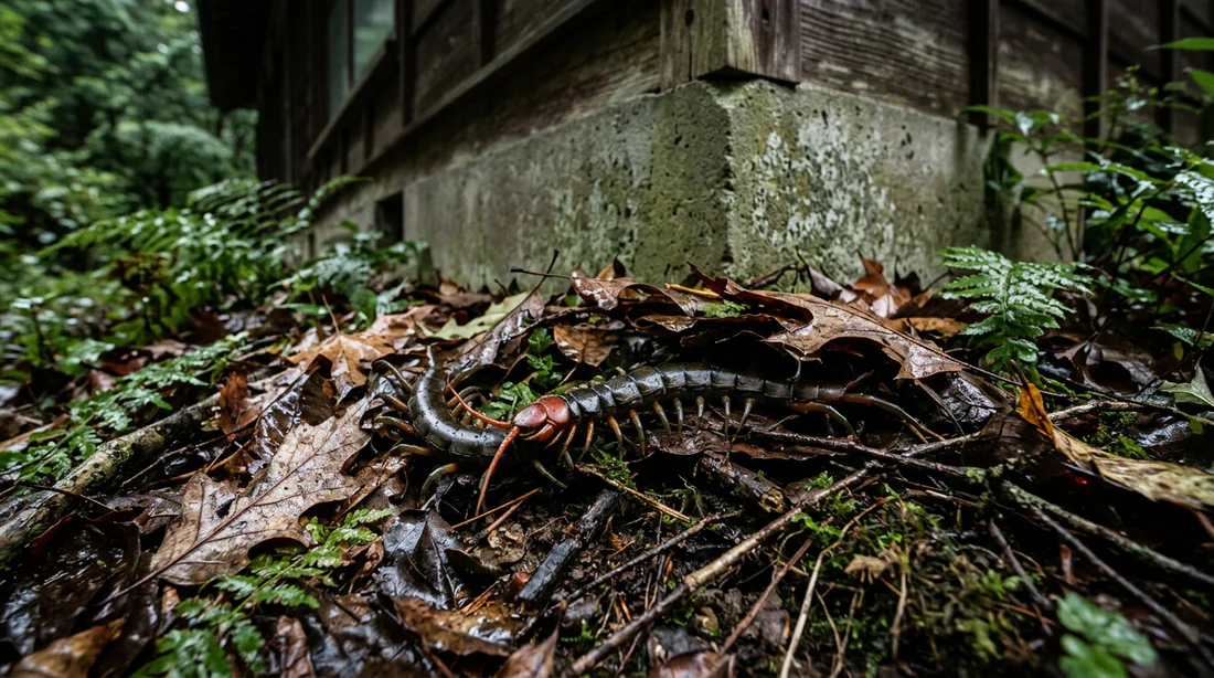 Scolopendre Mukade se cachant sous des feuilles mortes près d'une maison