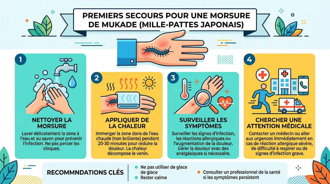 Infographie présentant les gestes de premiers secours en cas de morsure de Mukade