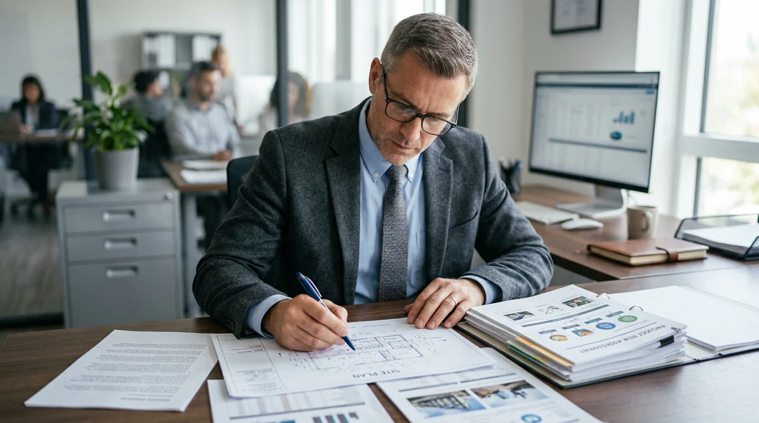Expert en assurance analysant un dossier de souscription BTP