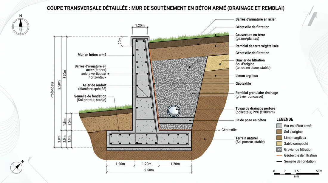 Schéma technique en coupe d'une fondation de mur de soutènement avec drain