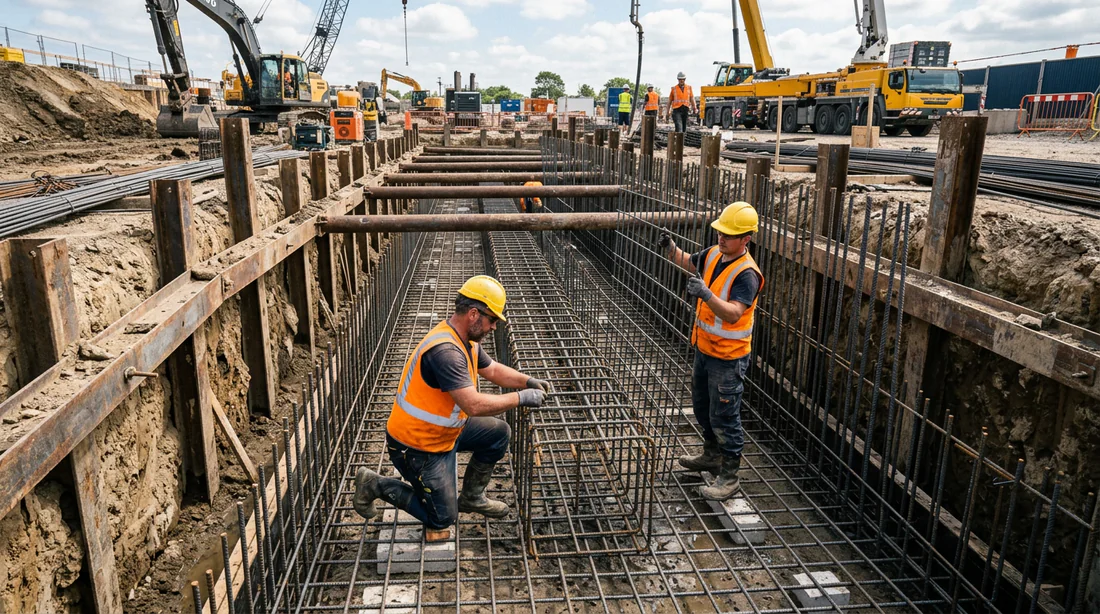 Pose du ferraillage et de la semelle armée dans la fouille