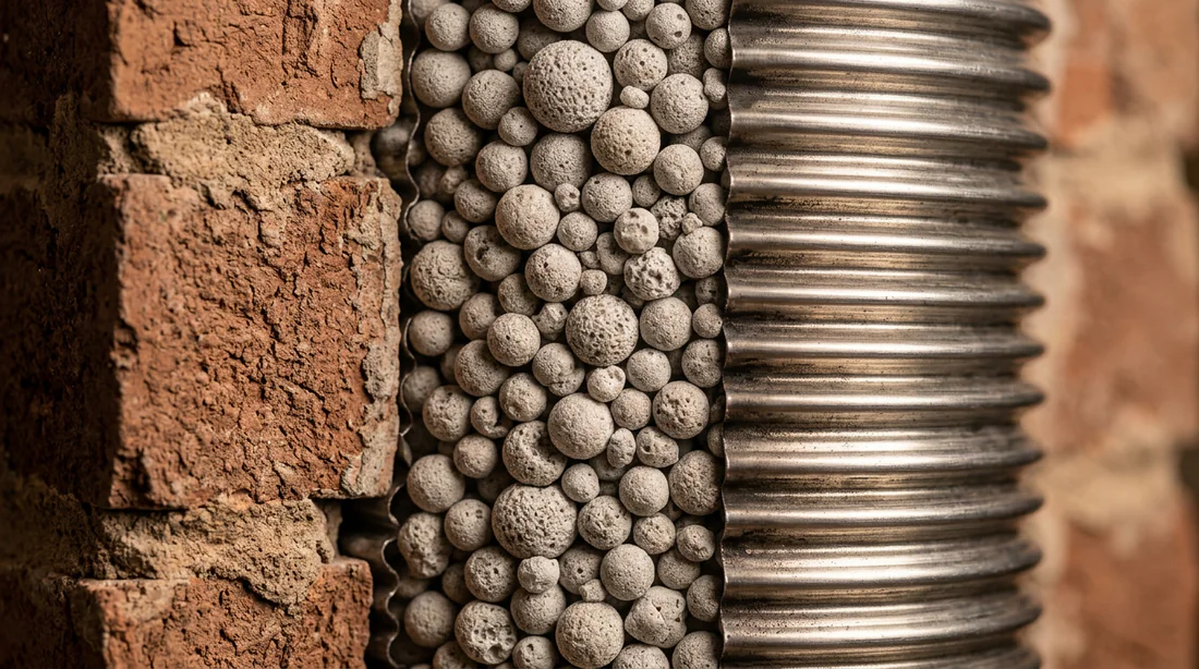 Vue rapprochée des granules d'isolation Biafeu autour du tubage en acier inoxydable