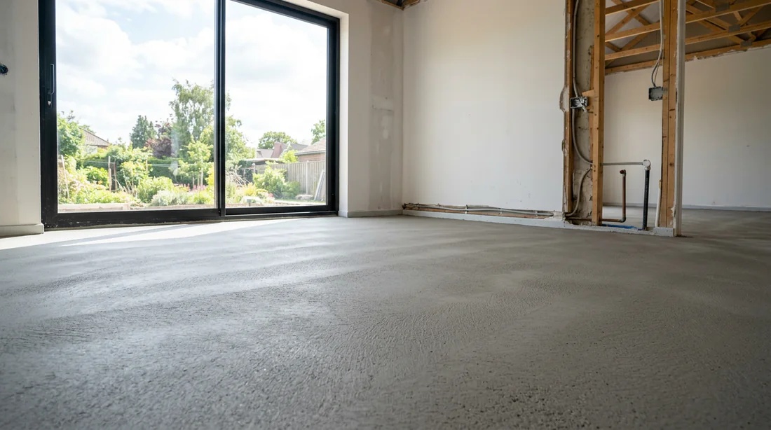 Dalle en béton nivelée et nettoyée avant la pose de l'isolant thermique