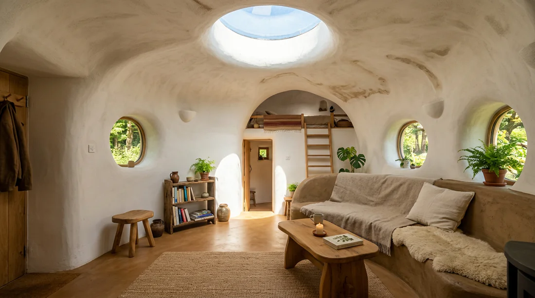 Intérieur chaleureux d'une Kerterre avec puits de lumière et murs sculptés