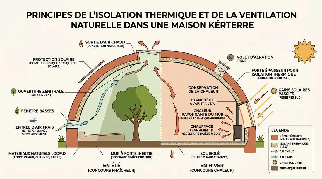 Schéma explicatif du fonctionnement thermique et de la ventilation d'une Kerterre