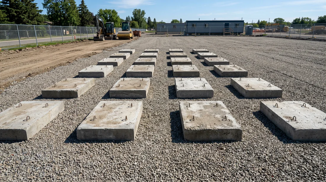 Disposition des plots en béton alignés pour soutenir une structure modulaire