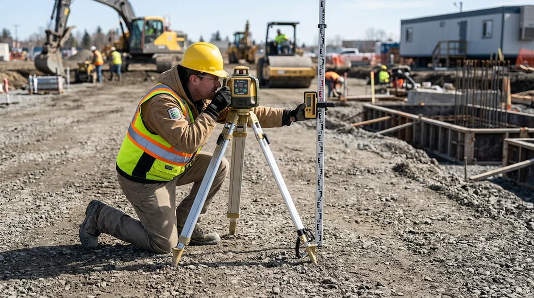 Technicien mesurant la planéité du terrain avant de poser les plots béton pour Algeco