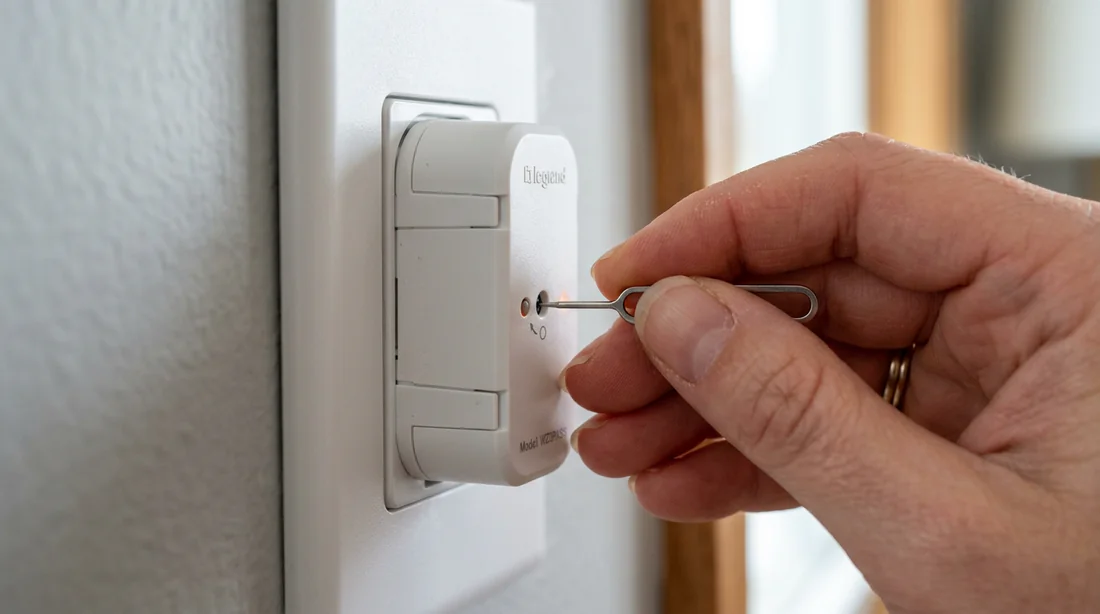 Pression sur le bouton reset d'un micromodule domotique Legrand avec une pointe
