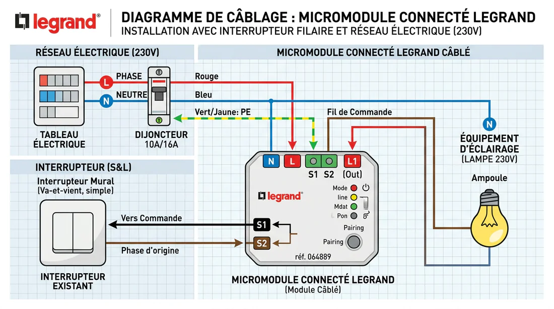 Schéma de câblage électrique pour le raccordement d'un micromodule Legrand