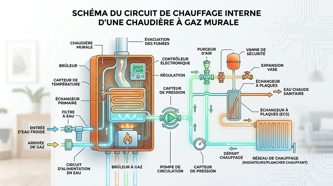 Schéma explicatif du circuit d'eau et des composants internes d'une chaudière