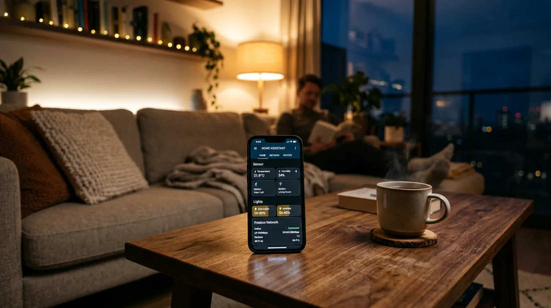 Interface mobile Home Assistant contrôlant la maison connectée et le réseau Freebox